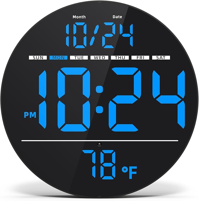 Digital Wall Clock with Large LED Display, Temperature, Auto-Brightness | Small