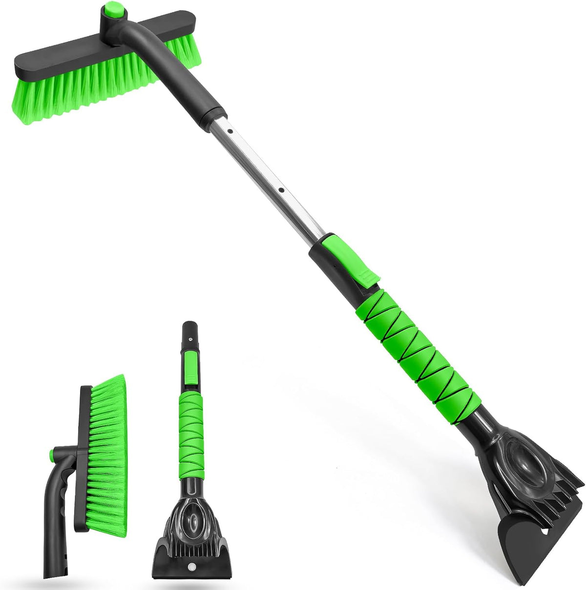 SEAAES 33 Inch Ice Scraper with Snow Brush for Car Windshield, Extendable Snow Scraper and Brush with Foam Grip for Truck SUV Vehicle Window - Green