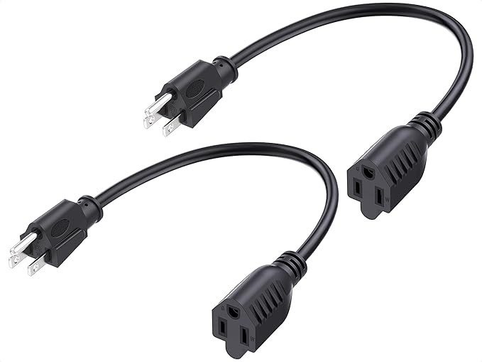 [ETL Listed] Cable Matters 2-Pack 16 AWG Heavy Duty 13A Short Power Extension Cord - 1ft, 3 Prong Power Cord Extension, NEMA 5-15P to NEMA 5-15R, Black