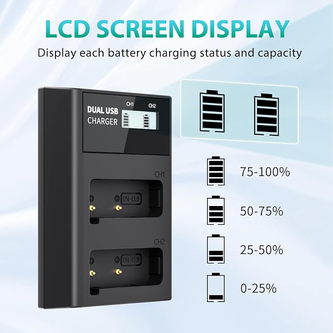 LP EN-EL9 EN EL9a Battery Charger, LCD Display & USB-C Dual Slot Charger