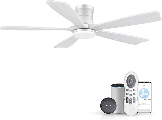GentleBreeze 52" Wood Smart Low Profile Ceiling Fans with Lights Remote,Control via WIFI Alexa Google App,Quiet DC Motor,Outdoor Indoor Flush Mount Ceiling Fan for Modern Bedroom Patio Porch,White