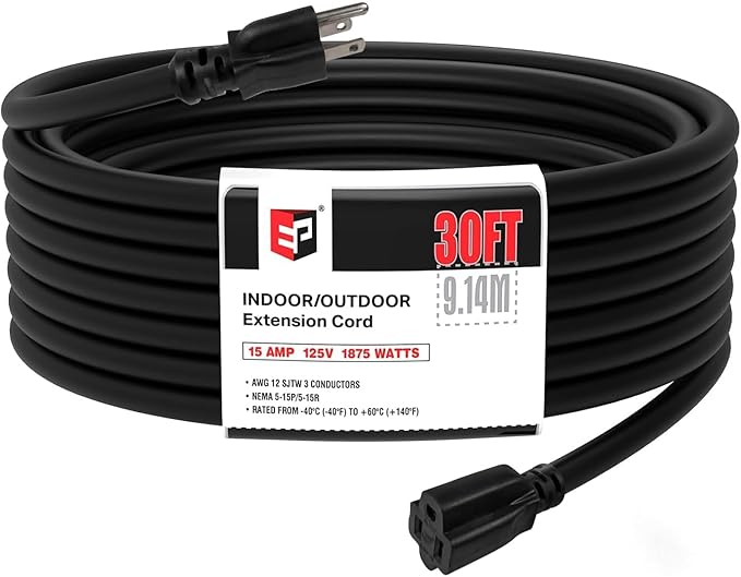 EP 12/3 30 FT Indoor Outdoor Black Extension Cord Waterproof, 12 Gauge 3 Prong Power Cord Flexible Resistant Appliance Extension Cable Electric Cable Outside, 15A 1875W 12AWG SJTW, ETL Listed