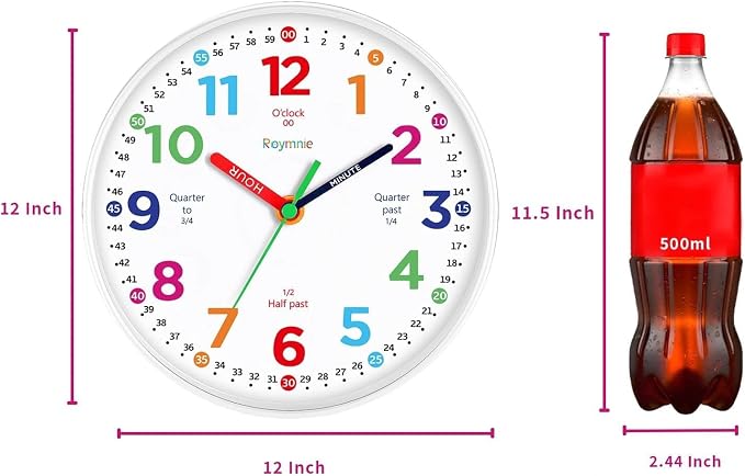 Roymnie12 Inch Wall Clock for Kids Learning to Tell Time Easily Analog Non