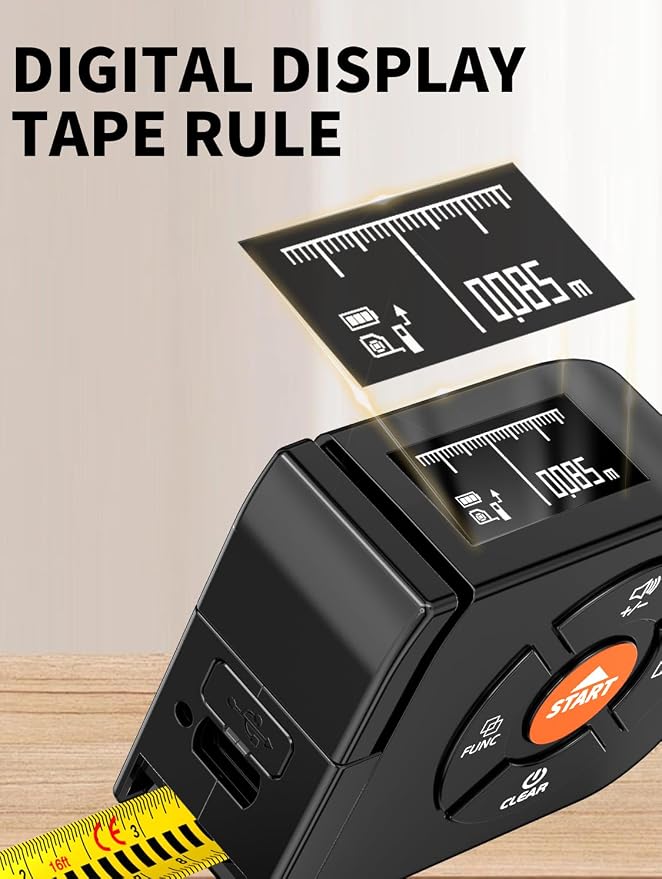 Laser Tape Measure 3-in-1, 196ft/60m Laser Distance Meter, 16ft/5m Digital Tape