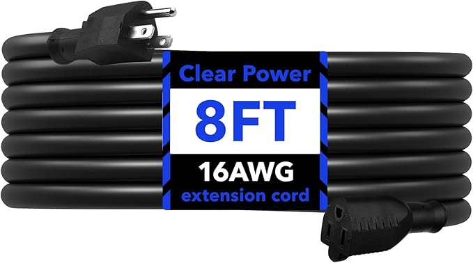 Clear Power 8 ft Extension Cord - 16/3 SJTW, Black Waterproof, Weather Resistant, Flame Retardant, 3-Prong Grounded Plug for Safe and Reliable Use - Ideal for Home, Garage, and Outdoor Projects