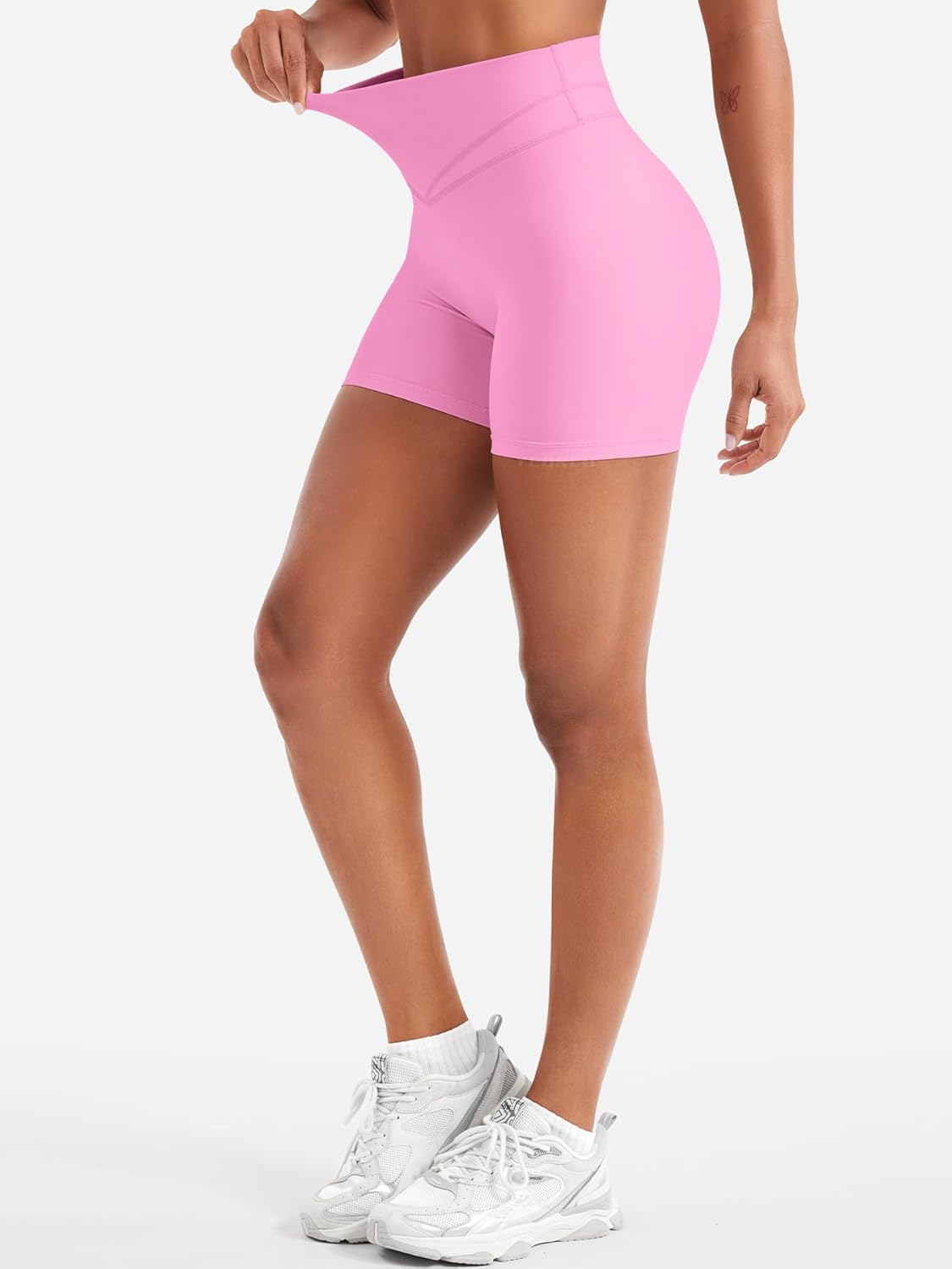 YEOREO Women's High Rise Yoga Shorts - 4.5" No Front Seam Hidden Scrunch Biker Shorts