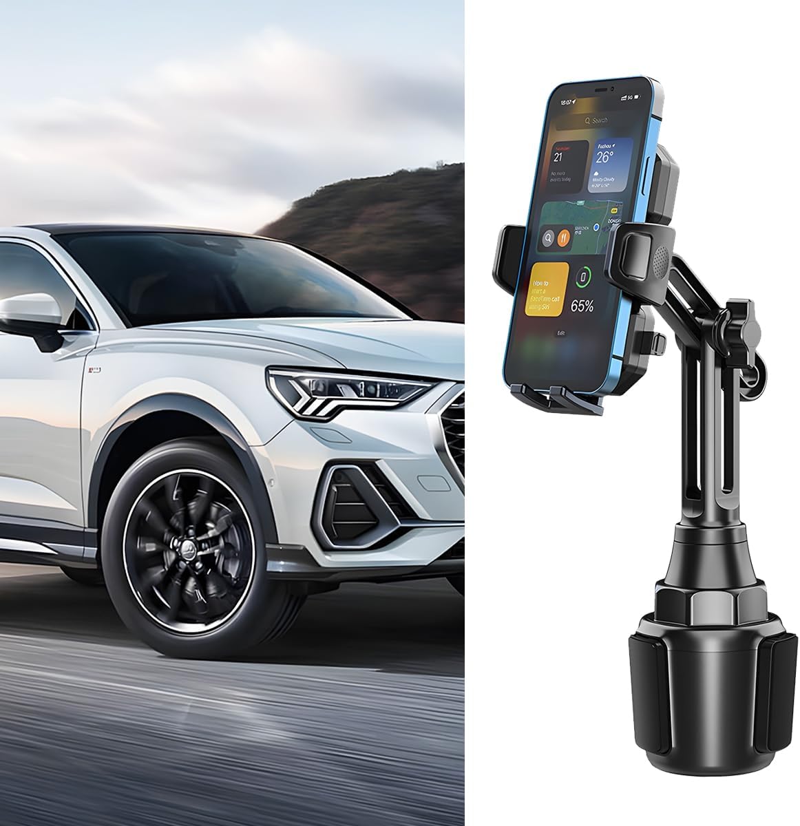 Car Cup Phone Holder, 360° Rotation with Long & Adjustable Neck