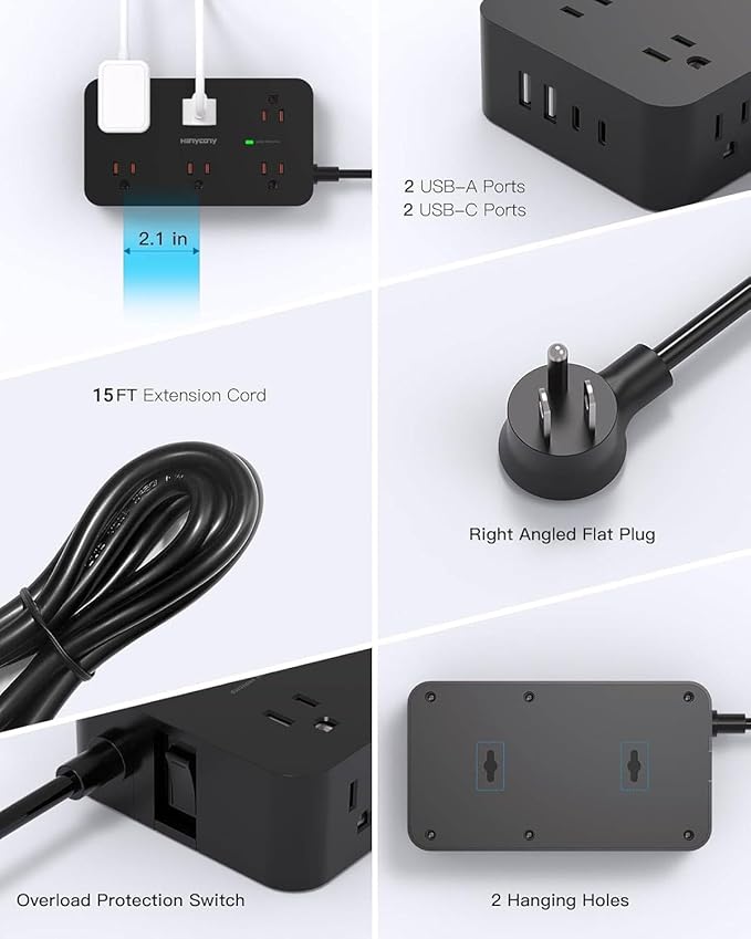 Black Extension Cord 15 Ft, HANYCONY Power Strip with 1080J Surge Protection, 12 Outlets with 4 USB Ports(2 USB C), Wall Mount, Desk Charging Station for Office Home College Dorm Room Essentials
