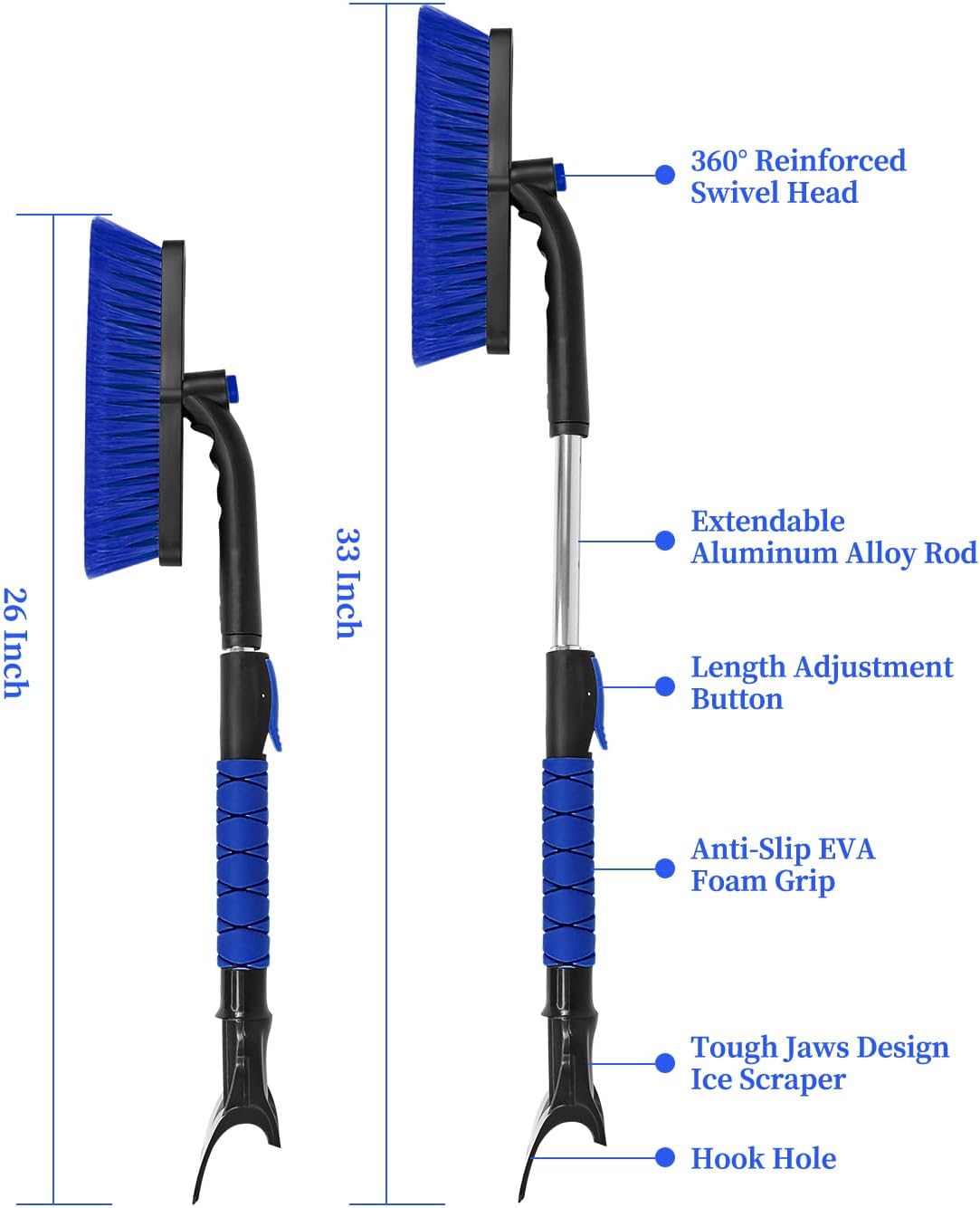 SEAAES 33 Inch Snow Brush and Ice Scraper for Car Windshield, Extendable Snow Scraper and Brush with Foam Grip for Truck SUV Vehicle Window - Blue