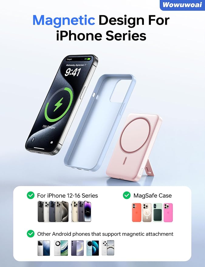 for Magsafe Portable Charger, 10000mAh Wireless Power Bank with Stand, USB C PD 20W Fast Charging Powerbank, Magnetic Battery Pack Compatible for iPhone 17/16/15/14/13/12 Series - Pink
