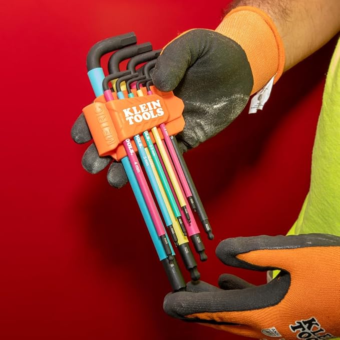 Klein Tools BLS18 Hex Key Wrench Set, Color Coded, SAE and Metric, Heat-Treated, L-Style, Long Arm and Ball End, 1/16-Inch to 3/8-Inch and 1.5 mm to 10 mm, 18-Piece