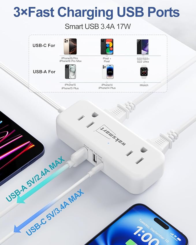 Flat Plug Extension Cord 3 Feet with 4 AC Outlets 3 USB Ports (5V/3.4A 17W), Flat Plug Power Strip Compact for College Dorm, Travel, Home, White