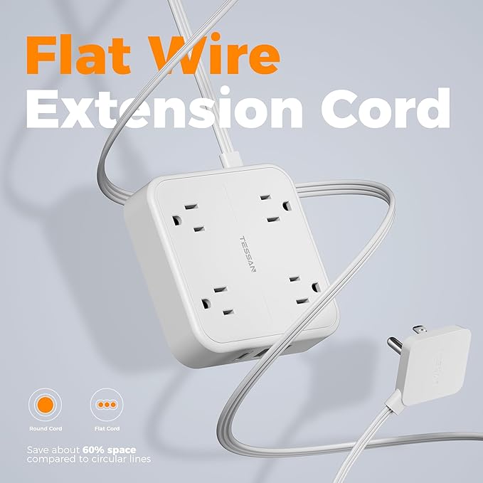 TESSAN Surge Protector Flat Extension Cord 5Ft, Flat Plug Power Strip with 4 Outlets 3 USB Ports (1 USB C), 900 Joules Protection, Multiple Wall Outlet Extender Suitable for Home Office Dorm, White