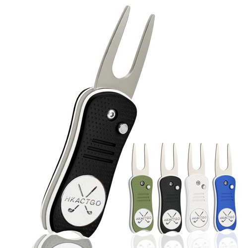 HKACTGO Golf Divot Repair Tool with Premium Metal Gift Box, Heavy Duty 2-Layer Stainless Steel & ABS, Thicker & Harder Prongs, Foldable, Magnetic Ball Marker,Black