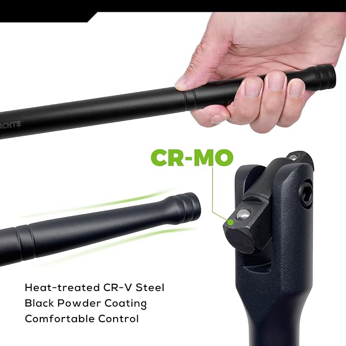 Dual Drive Breaker Bar, 3/8" & 1/2" Drive, Heavy Duty Breaker Bars, 24-inch Length with 360° Rotatable Head, Spring-loaded Detent Ball, Chrome Vanadium Steel Made With Black Powder Coating