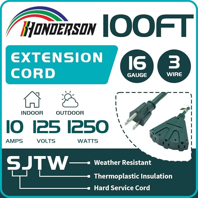 3-Outlets Indoor Outdoor Extension Cord Weatherproof, UL Certified, 16 Gauge 100FT Green 3 Prong Heavy Duty, 16/3 SJTW 10A Power Cord