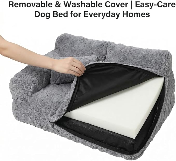 Plush Calming Pet Sofa Bed, Raised Rim, Removable Cover & Non-Slip Bottom for Cats & Dogs, Calming Dog Bed Fluffy Plush Dog Mat for Furniture Protector with Removable Washable Cover (Khaki, Medium)