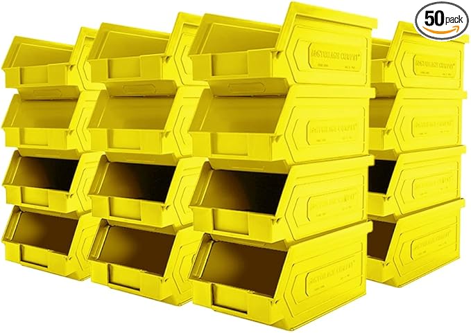 50 Pack Small Storage Bin, Wall Mount Storage, Hanging and Stacking Bin, Freestanding | 7” x 4” x 3” Plastic Container | Yellow | Zeus 1PLZ05 | StorageCompat.