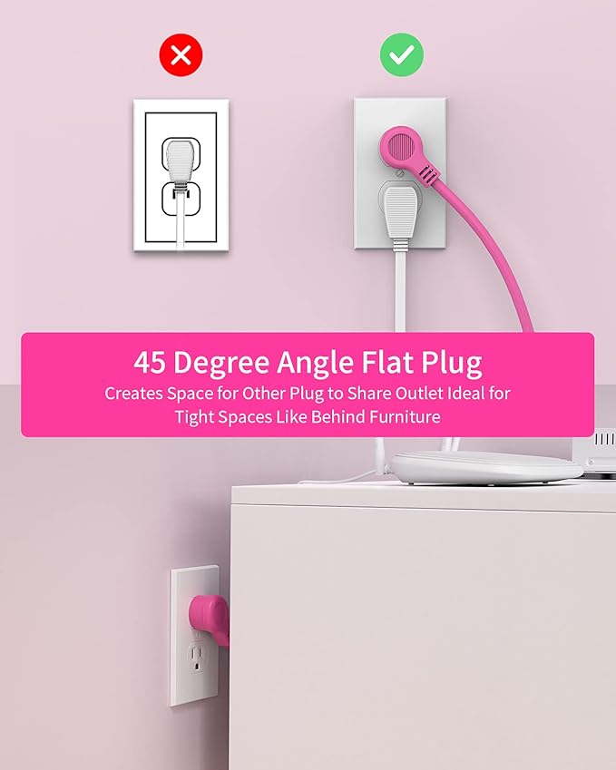 Pink Extension Cord 25ft, NTONPOWER Flat Plug Power Strip with Long Extension Cord, 3 Outlet 2 USB Compact Desktop Charging Station Wall Mount for TV Living Room, Dorm, Office and Nightstand