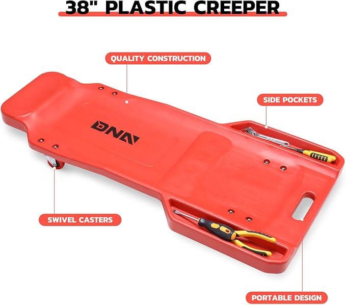 DNA Motoring 38 Inches Low Profile Plastic Rolling Garage Shop Floor Creeper with Side Pockets & 4pcs Casters, Red, TOOLS-00393