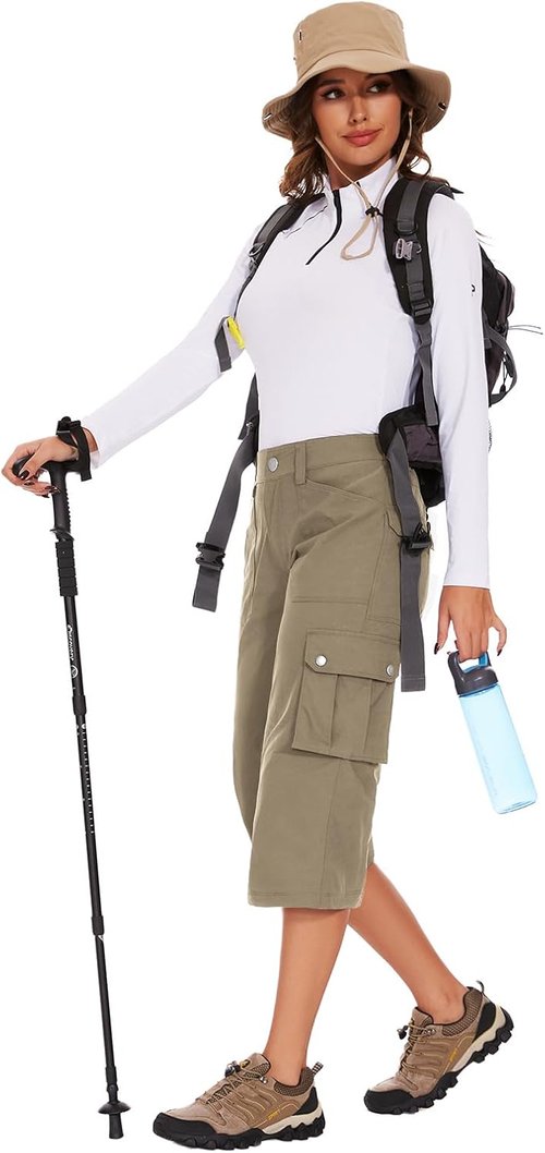 MooseHill Women's Cargo Capris - Lightweight Water-Resistant Hiking Pants with 6 Pockets | Summer Outdoor Wear