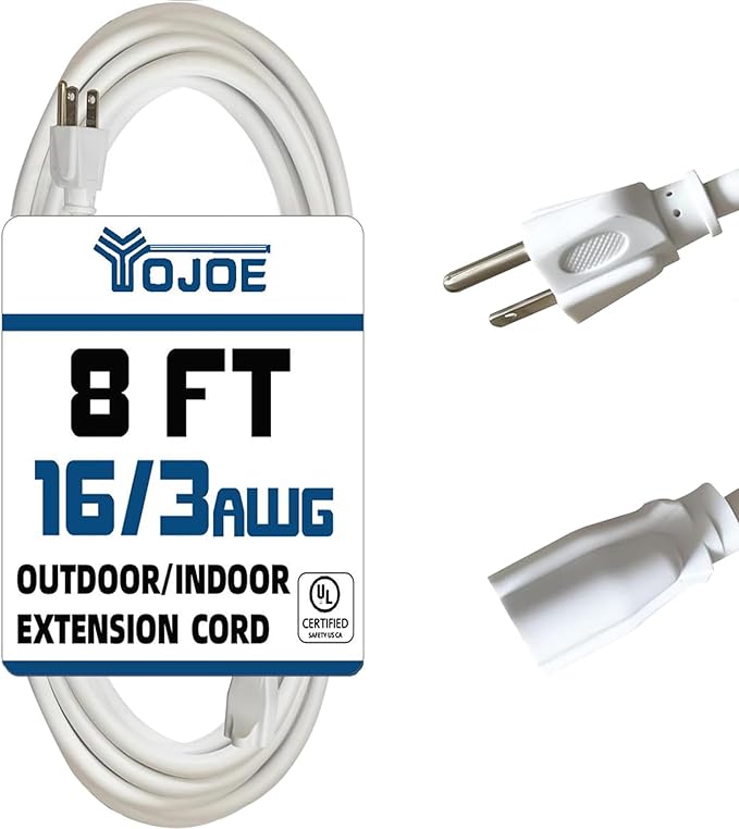 YOJOE Indoor Outdoor Extension Cord, 3 Prong 13A Weatherproof Power Cord, 16 Gauge Heavy Duty 8 ft White Extension Cord for Garage, Garden and Home, 16/3 SJTW UL Listed