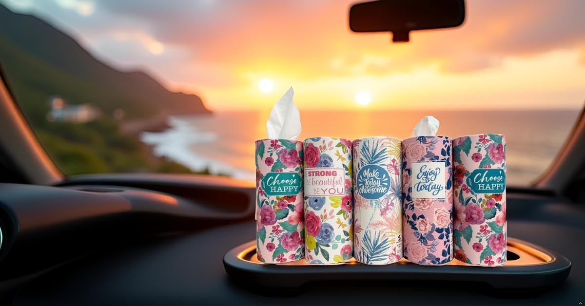 5-Pack Car Tissue Holder (4PK + 1 Lucky Color PK),Car Tissues Cylinder, Cute Floral Design & Positive Quotes | Compact, Super Absorbent 3-Ply Tissues for Car Cup Holders