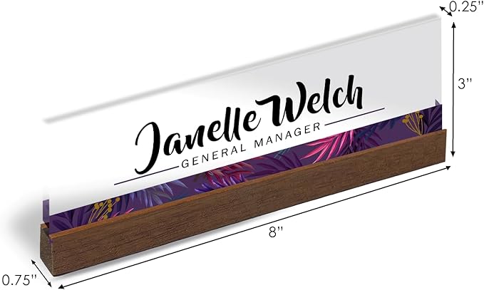 Artblox Personalized Office Desk Name Plate and Business Card Holder | Clear Acrylic Glass with Teak Wood Stand | Purple Stripe Design Customized with Your Name and Credentials Office Desk Décor