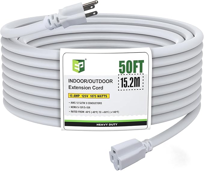 EP 12/3 50 FT Indoor Outdoor White Extension Cord Waterproof, 12 Gauge 3 Prong Power Cord Flexible Resistant Appliance Extension Cable Electric Cable Outside, 15A 1875W 12AWG SJTW, ETL Listed