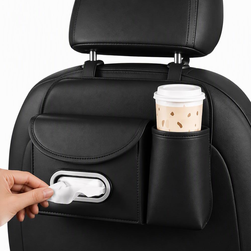 2 in 1 Car Back Seat Organizer, Car Cup Holder & Tissue Box Holder, Nappa Leather Car Seat Organizer Backseat Storage for Sedan SUV MPV Family Travel (Black)