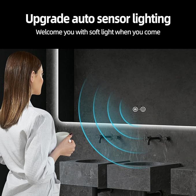 LED Bathroom Mirror with Lights, Backlit, Frameless, 36"x24" Smart Bathroom Mirror with Auto Sensor Lights, Anti-Fog, Bathroom Wall Mounted Mirror, Shatter-Proof, Stepless Dimmable, Memory