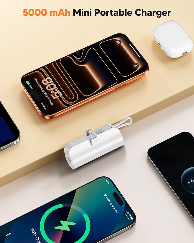 5000mAh Mini Portable Charger with Built-in Type C Connector & Cables,5V 2.4A USB-C Small Power Bank,2 Output Flashlight External Battery Pack Compatible with iPhone 17-12 Pro Galaxy,iPad (White)