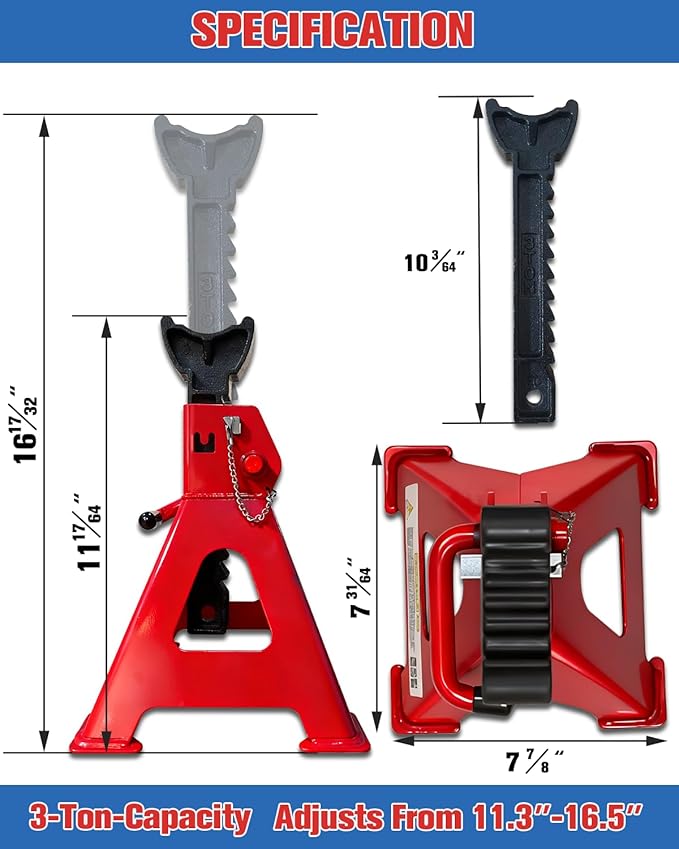 3 Ton Jack Stands (6,600 lbs) - Heavy Duty Car Jack Stand with Double Pin Locking, Adjustable 11.22"-16.54" Height, Extra Rubber Pads for Trucks, Garage, Home Use - 1 Pair Red