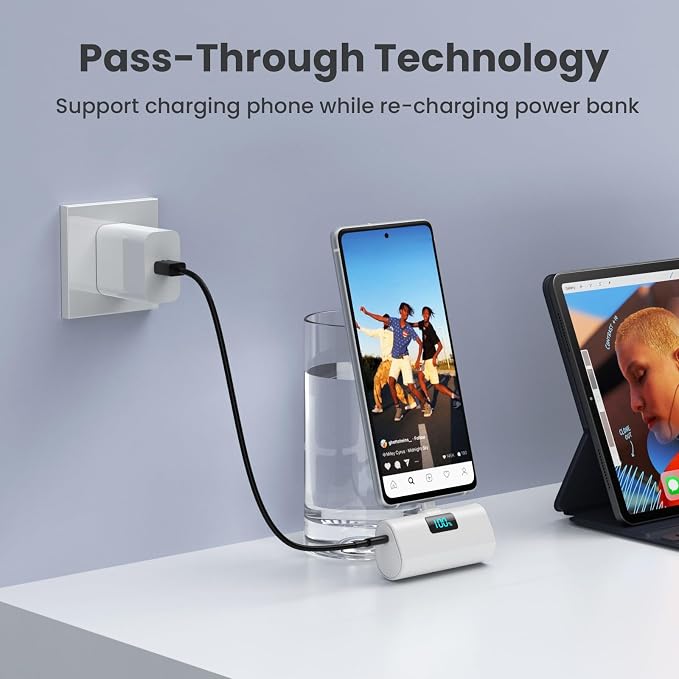 Small Portable Charger 5200mAh,Upgraded PD USB C Power Bank Built-in USB-C Connector,LCD Display Battery Pack,Compatible with iPhone 17/16/15/15 Plus/15 Pro/15 Pro Max/Galaxy Android Phone, White