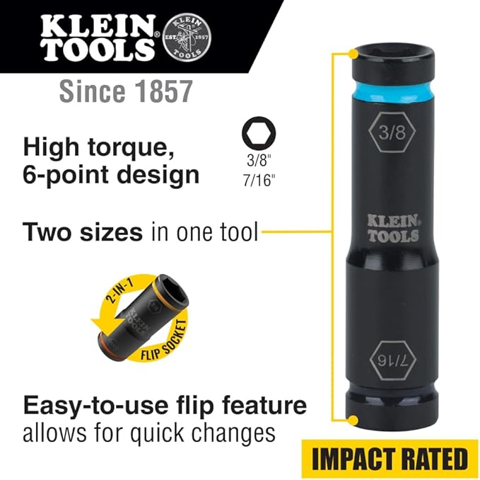 Klein Tools 66077 Impact Driver Flip Socket, 7/16- and 3/8-Inch Sizes, Use with Klein Tools Compact Impact Wrenches BAT20CW, BAT20CW1