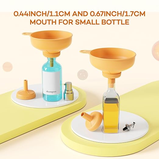 Pisol Wide Mouth Versatile Funnel, Canning Funnels for Kitchen Use, Food Grade Plastic Cooking Funnel Set with 4 Size Spouts and 2 Strainers for Filling Different Bottles and Bags, Orange