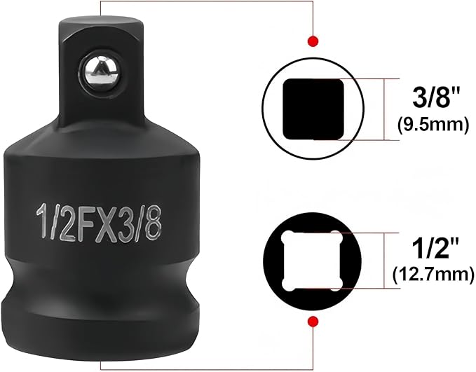 1/2" Drive (Female) x 3/8" (Male) Impact Socket Reducer, CR-MO Steel, Compatible with Air Impact Wrenches, Breaker Bars, Ratchets