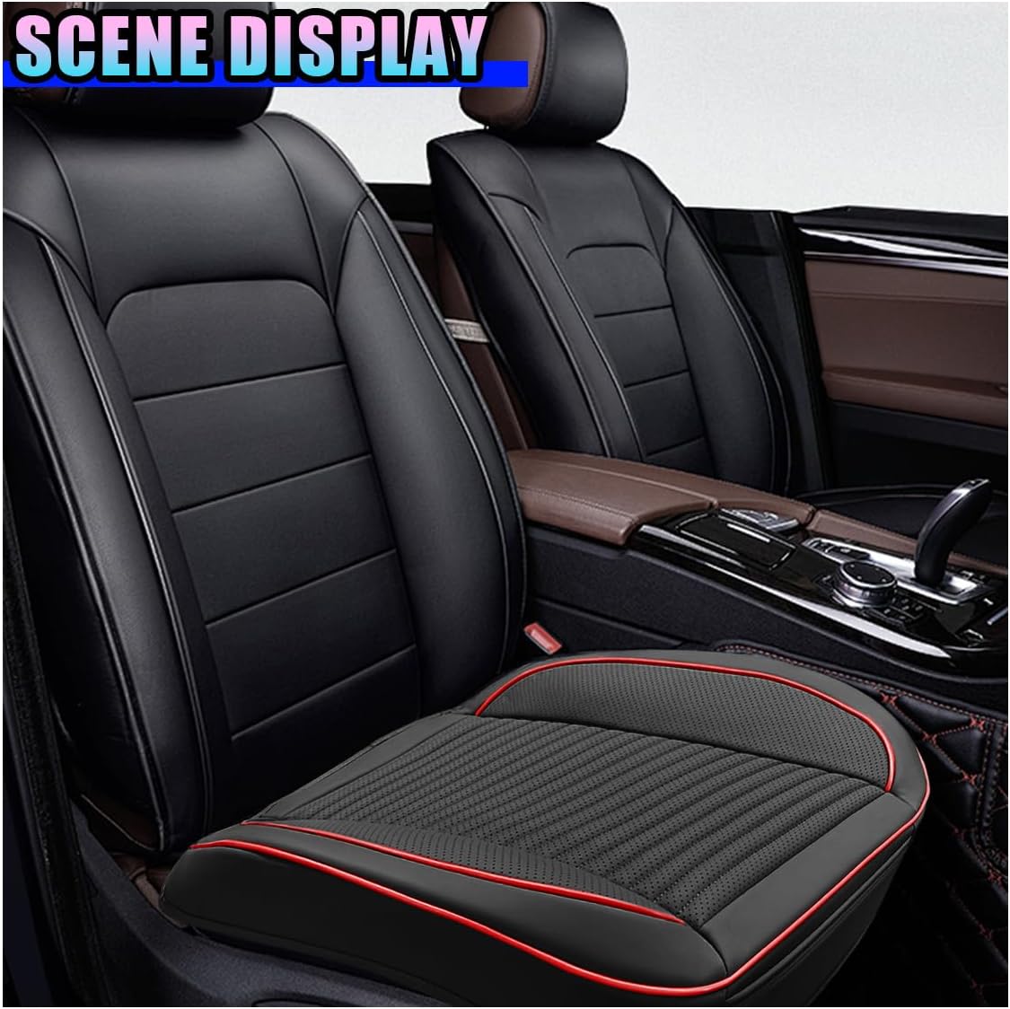 Car Front Bottom Seat Cover, Leather Anti-Slip Seat Cushion Pad with Storage Pocket, Breathable Full Wrapping Edge Seat Protector, Universal Auto Interior Accessories for Cars SUV (BlackRed)