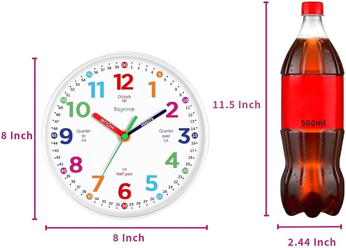 Roymnie Wall Clock for Kids Learning to Tell Time Non Ticking Battery Operated