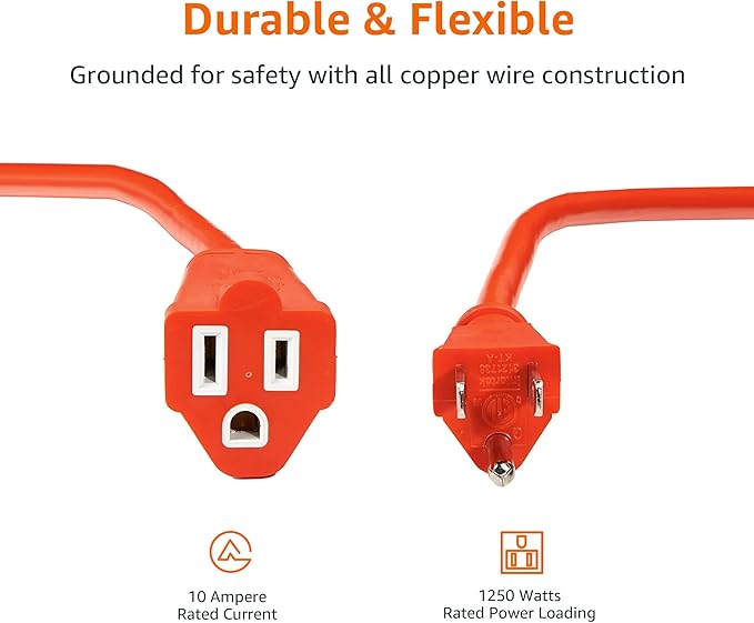 Amazon Basics 100 foot 3-Prong Vinyl Indoor/Outdoor Extension Cord - 10 Amps, 1250 Watts, 125 VAC - Orange