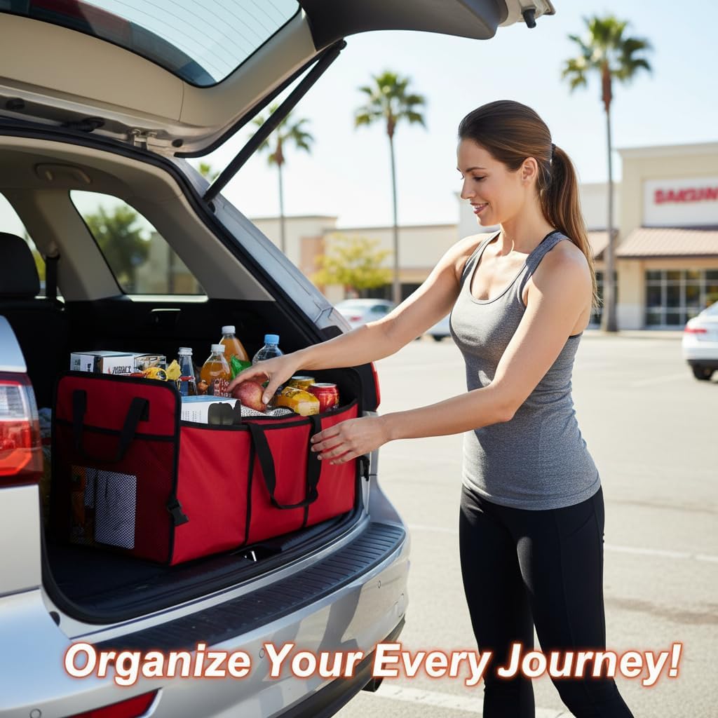 Vehicle Owners Red Collapsible Insulated Trunk Organizer 3-Compartment Car Cargo Storage Box Cooler for Groceries Camping & Road Trips All Season