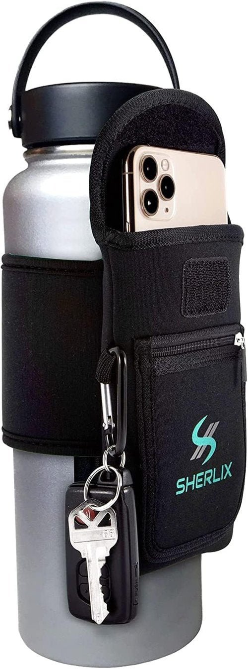 Gym Water Bottle Pouch - Waterproof Neoprene Sleeve with Accessory Pockets | Fits 18-40 oz Bottles