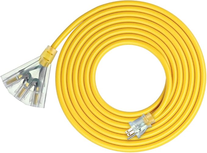 DEWENWILS 15 FT 12/3 Gauge Extension Cord Outdoor Tri-Tap Extension Cord Splitter, Heavy Duty Power Cable SJTW 15 Amp for Multiple Appliances, LED Lighted Plug, ETL Listed