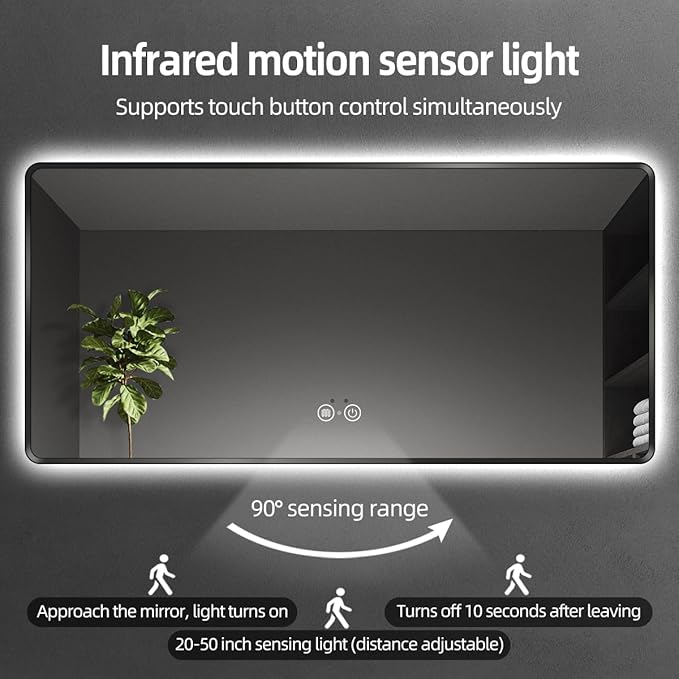 36 x 36 Black LED Bathroom Mirror, Metal Framed Rounded Corner Rectangle Backlit Mirror Bathroom, Anti-Fog, 3-Color Stepless Dimmable Lighted Mirror, Motion Sensor Lights, Memory Function