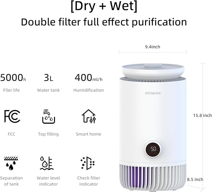 2 in 1 Air Purifier and Evaporative Humidifier Combo for Bedroom, H13 True HEPA Filter, Cool Mist-Free Air Humidifier evaporative WIFI Connect