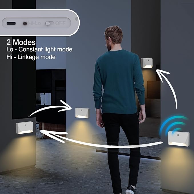 Motion Sensor Night Light, 2200mAh Rechargeable Stair Lights Indoor, 3000K, Link Mode, for Bedroom, Bathroom, Nursery, Stairs & Hallways