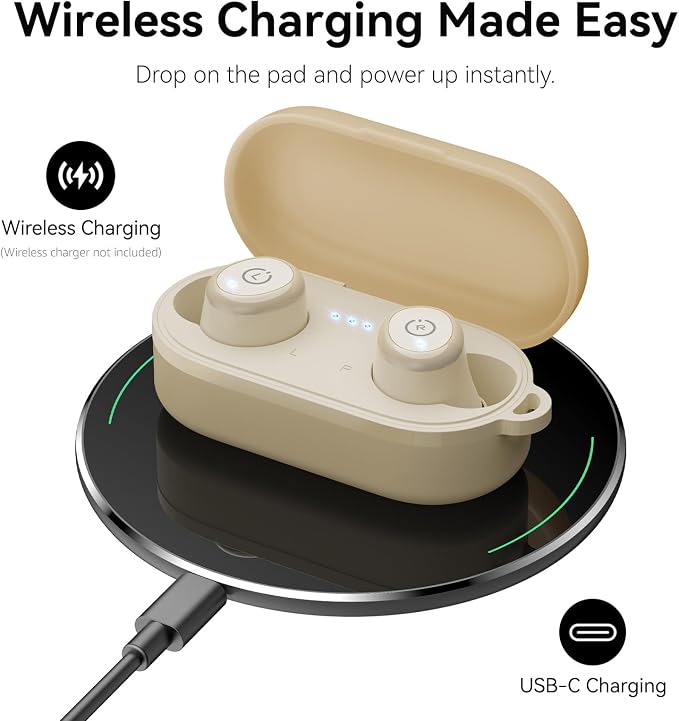 TOZO T10 Wireless Earbuds Powerful Bass Stereo Wireless Charging, APP, IPX8 | Waterproof, 55H Playtime, Ergonomic Design In Ear buds, App Customize EQ, Bluetooth 5.3 Headphones for Work, Travel, Khaki