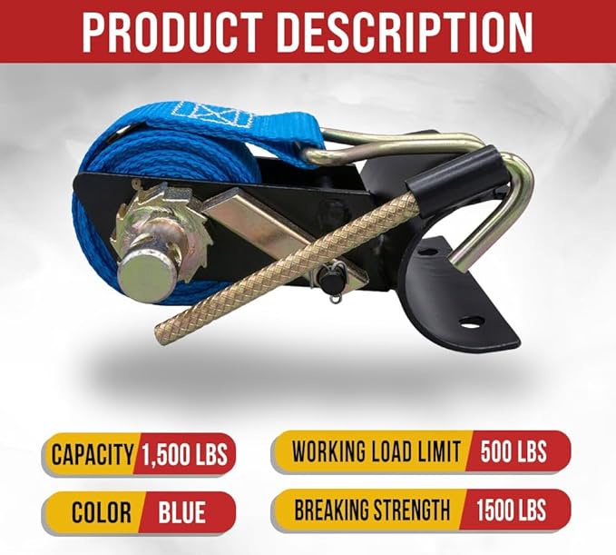 Mytee Products 2 Pack 1-1/2"x7' Blue Ladder Rack Ratchet Straps with J-Hook (Pair) - 500 lbs 2" Black Round Tube Mount - Retractable Ratchet Tie Down Strap for Roof Rack