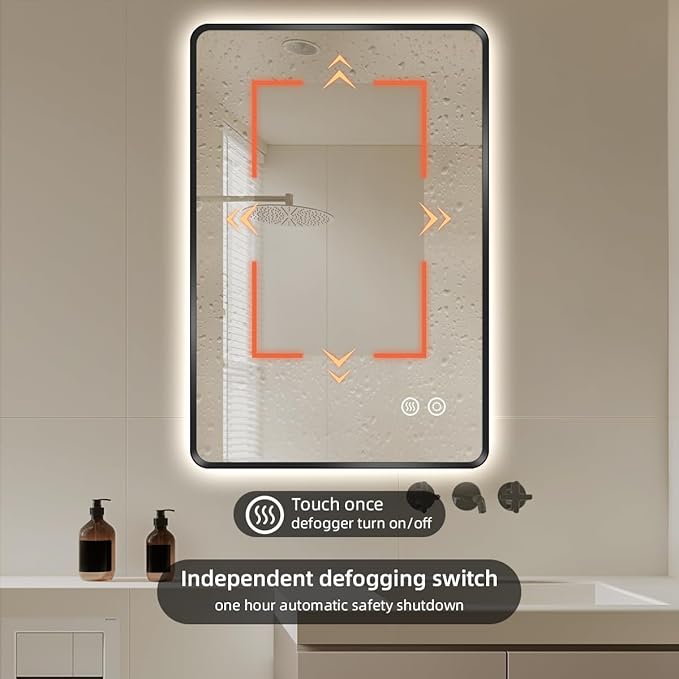 32" x 40" Black LED Bathroom Mirror, Smart Touch Switch, Anti-Fog, Backlit Mirror, 3-Color Dimmable Lighting, CRI≥93, Modern Bathroom Vanity Wall Mirror with Lights (Horizontal/Vertical)