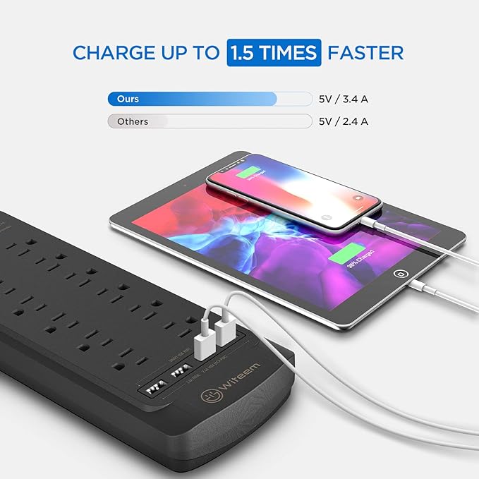 Surge Protector Power Strip - 12 Outlets, 4 USB 3.4A Ports, 6Ft Extension Cord, 1875W/15A, 4360Joules, Wall Mountable, Overload Protection - Ideal for Home & Office Use (Black-3.4A)